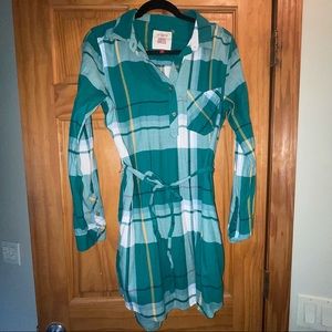 So Green Plaid Shirt Dress with Tie & Pockets